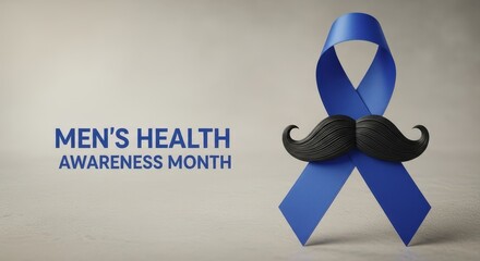 Naklejka na ściany i meble Blue ribbon with black mustache promoting men's health awareness month against a light neutral background Naklejka na ściany i meble Blue ribbon with black mustache promoting men's health awareness month against a light neutral background