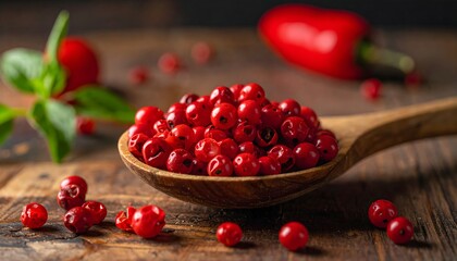 Ein Holzlöffel gefüllt roten Pfefferkörnern