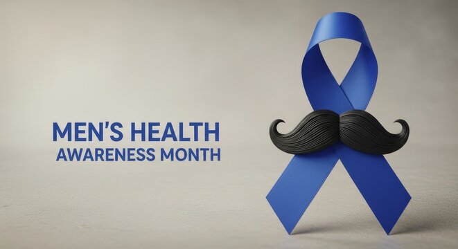 Blue ribbon with black mustache promoting men's health awareness month against a light neutral background