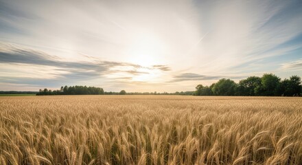 Golden wheat field stretching to the horizon under a soft sunset sky with trees in the distance