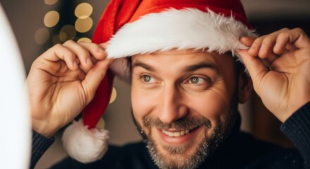 Close Up of Smiling Man Adjusting Red Santa Hat with Bokeh Lights Background