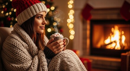 Woman Wrapped in Blanket Holding Mug near Fireplace Christmas Home Decoration