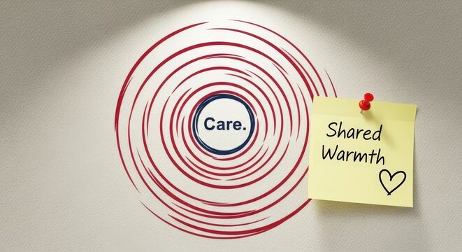 Spotlighted "Care" message with concentric circles on wall and yellow sticky note with "Shared Warmth" and heart