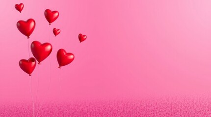A cluster of red heart shaped balloons floating against a soft pink gradient background. Romantic valentine's day celebration concept