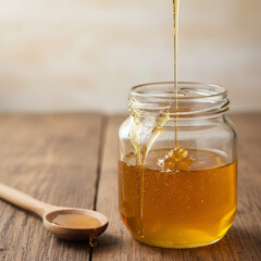Jet of honey pouring into a glass jar, dripping liquid honey, tasty golden yellow. Copy space.