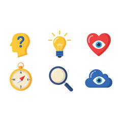 Concept icons set depicting human thought, idea generation, introspection, guidance, discovery, and digital insight
