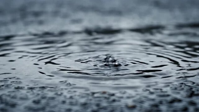 Vertical video of a raindrop falling into a puddle in slow motion. Close-up of a water splash creating ripples on a wet surface. Moody and atmospheric weather concept - Powered by Adobe
