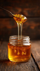 Jet of honey pouring into a glass jar, dripping liquid honey, tasty golden yellow. Copy space.