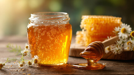 Jet of honey pouring into a glass jar, dripping liquid honey, tasty golden yellow. Copy space.