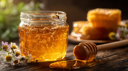 Jet of honey pouring into a glass jar, dripping liquid honey, tasty golden yellow. Copy space.