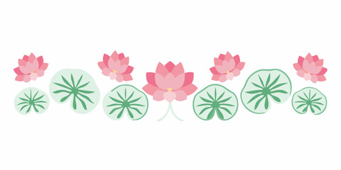 A horizontal border of pink lotus flowers and green lily pads on a white background