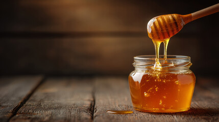 Jet of honey pouring into a glass jar, dripping liquid honey, tasty golden yellow. Copy space.