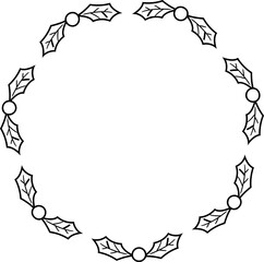 Obraz premium Holly berry wreath outline. Christmas botanical wreath coloring pages and template. Transparent background. SVG. 