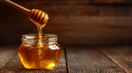 Jet of honey pouring into a glass jar, dripping liquid honey, tasty golden yellow. Copy space.