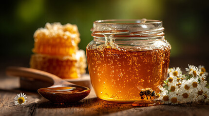 Jet of honey pouring into a glass jar, dripping liquid honey, tasty golden yellow. Copy space.