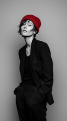 Abstract minimal studio portrait highlighting black and gray fashion concept with soft light and expressive emotion, focusing on silhouette balance and introspective composition