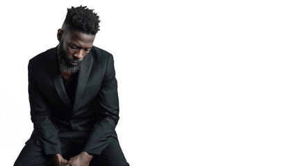 Minimal studio portrait showing a black fashion concept figure illuminated by soft gray light, expressing subtle emotion and calm silhouette atmosphere in a clean visual composition