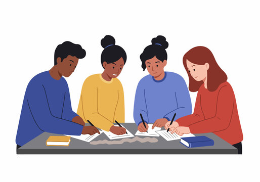 Diverse group of young students collaborating and writing at a desk, focused on learning and education.