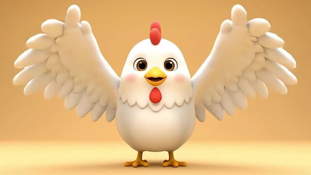 Cute cartoon chicken poses with wings spread and covering eyes.