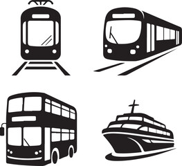 Set of four black vector icons of public transport vehicles tram train