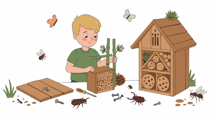 Cute little boy building a wooden insect hotel, learning about nature, bugs, and gardening. © Sabrina