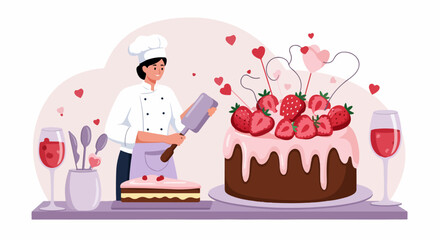 Female Pastry Chef Decorating a Romantic Strawberry Chocolate Cake with Pink Icing and Heart Decorations for Valentine's Day.