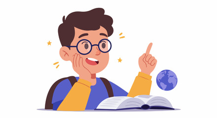 Excited Student Boy with Glasses Having an Idea While Reading a Book and Studying the Globe.