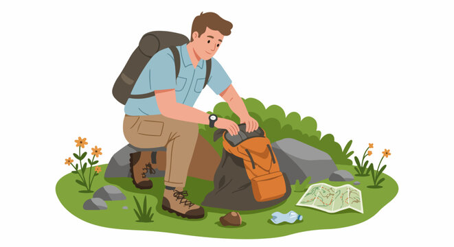 Illustrated young man backpacking, crouching down to adjust his orange pack near a map on a grassy trail, wearing hiking boots.
