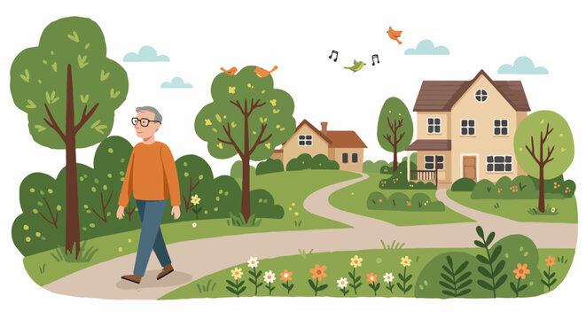 Elderly man walking along a sunny path in a peaceful suburban neighborhood, surrounded by trees, flowers, and singing birds.