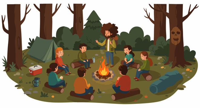 Group of people sitting on logs around a roaring campfire in the woods, listening to a man telling a spooky story during a camping trip.