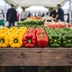 A variety of bell peppers in yellow, red, and green colors displayed on a wooden table at a market. People are shopping in the background.
