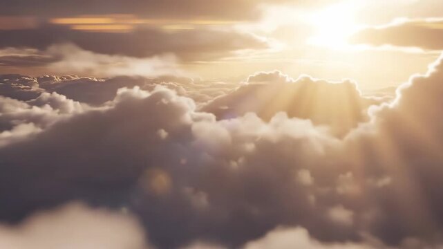 Flying through a sea of clouds towards the bright sun. Golden god rays shining through the sky at sunset. Heavenly spiritual animation