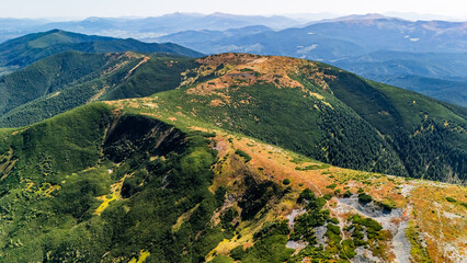 Drone photo of mountain ridge with green forests and meadows, showcasing the untouched nature and panoramic landscape of the Carpathians