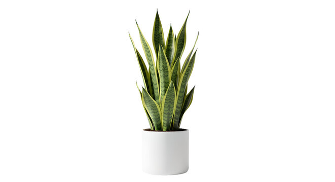 Snake plant in white ceramic pot, isolated on transparent background — ideal for lifestyle visuals, home decor catalogs, and interior mockups.