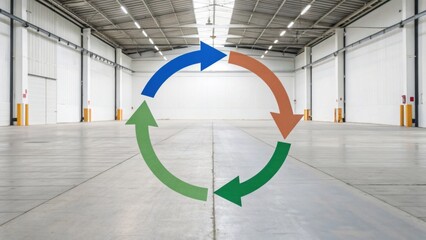 A spacious industrial area featuring a circular recycling symbol in vibrant colors, emphasizing sustainability and eco-friendly practices.