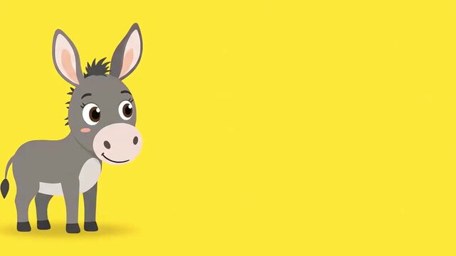 Cute Cartoon Donkey Standing on Yellow Background with Copy Space.