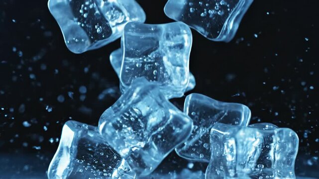 Ice cubes falling in super slow motion. Close-up of frozen water splashing on a black background. Refreshment concept