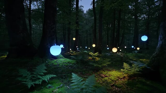 forest and tree with fern and moss under dusk and night. orb and light hover above ground near trunk and root. soft glow bathes fern and trunk. floating orb and light create fantasy. moss carpet.