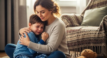 Comforting Embrace: A caring mother offers a comforting embrace to her son, offering solace and support amidst a moment of vulnerability.