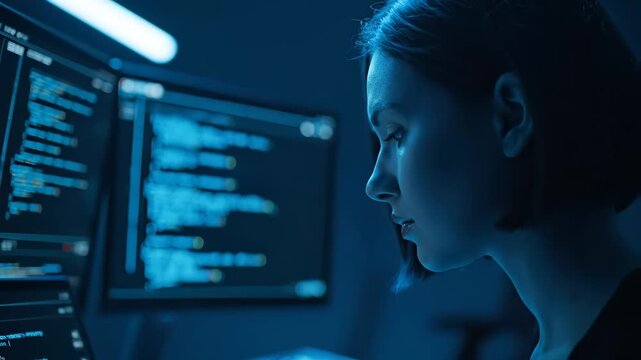 woman hand on laptop keyboard. screen displays code on monitor and computer interface. desk holds profile near editor and terminal. workspace with software project and data analytics. security module.