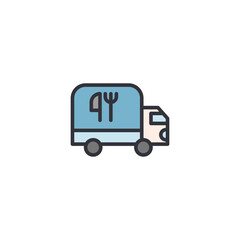 Illustration of a delivery truck with food icon, representing logistics for food distribution, restaurant delivery, and express meal transport.