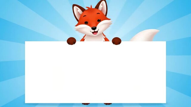 Cute Cartoon Fox Holding Blank Sign on Blue Background.