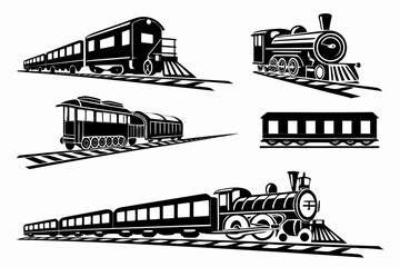 set of Train and Railway Silhouette Vector Collection Isolated on White Background