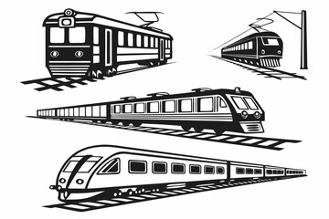 set of Train and Railway Silhouette Vector Collection Isolated on White Background