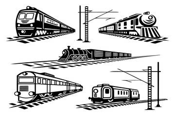 Train and Railway Silhouette Vector Collection Isolated on White Background