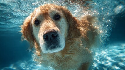 Golden retriever dog swims underwater in bright blue pool on sunny day. Close up