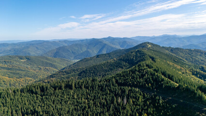 Naklejka premium Breathtaking aerial view of Carpathian mountains with sunlit forests and rolling hills under a partly cloudy sky, symbolizing freedom and nature’s calm