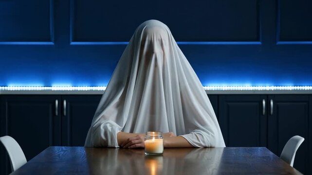 A person draped in a white ghost sheet sits at a table under blue lighting, playfully waving hello.