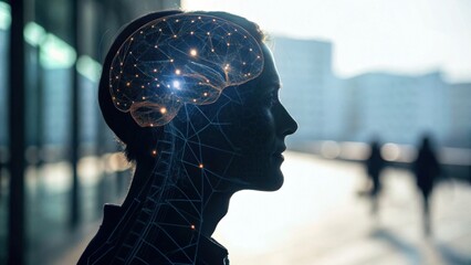 A silhouette of a person with a digital brain overlay, symbolizing innovation, technology, and the intersection of human thought and artificial intelligence.