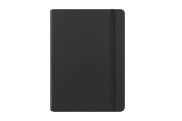 Black notebook with elastic band on transparent background